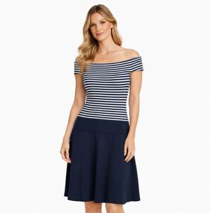 Lauren Ralph Lauren Dress WomenXL Blue Off the Shoulder Coastal Marine Nautical